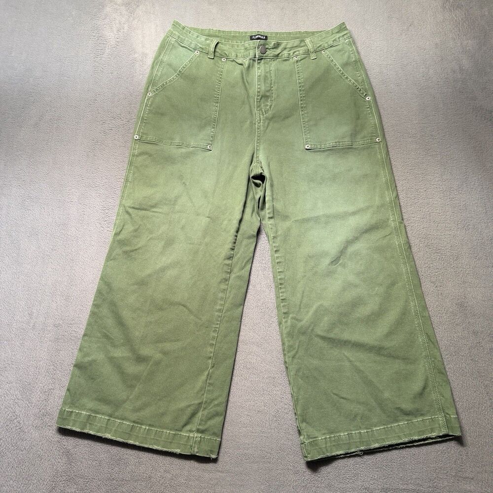 Flamingals Womens 2XL Wide Leg Jeans Green Crop High Rise Raw Hem Stretch Denim